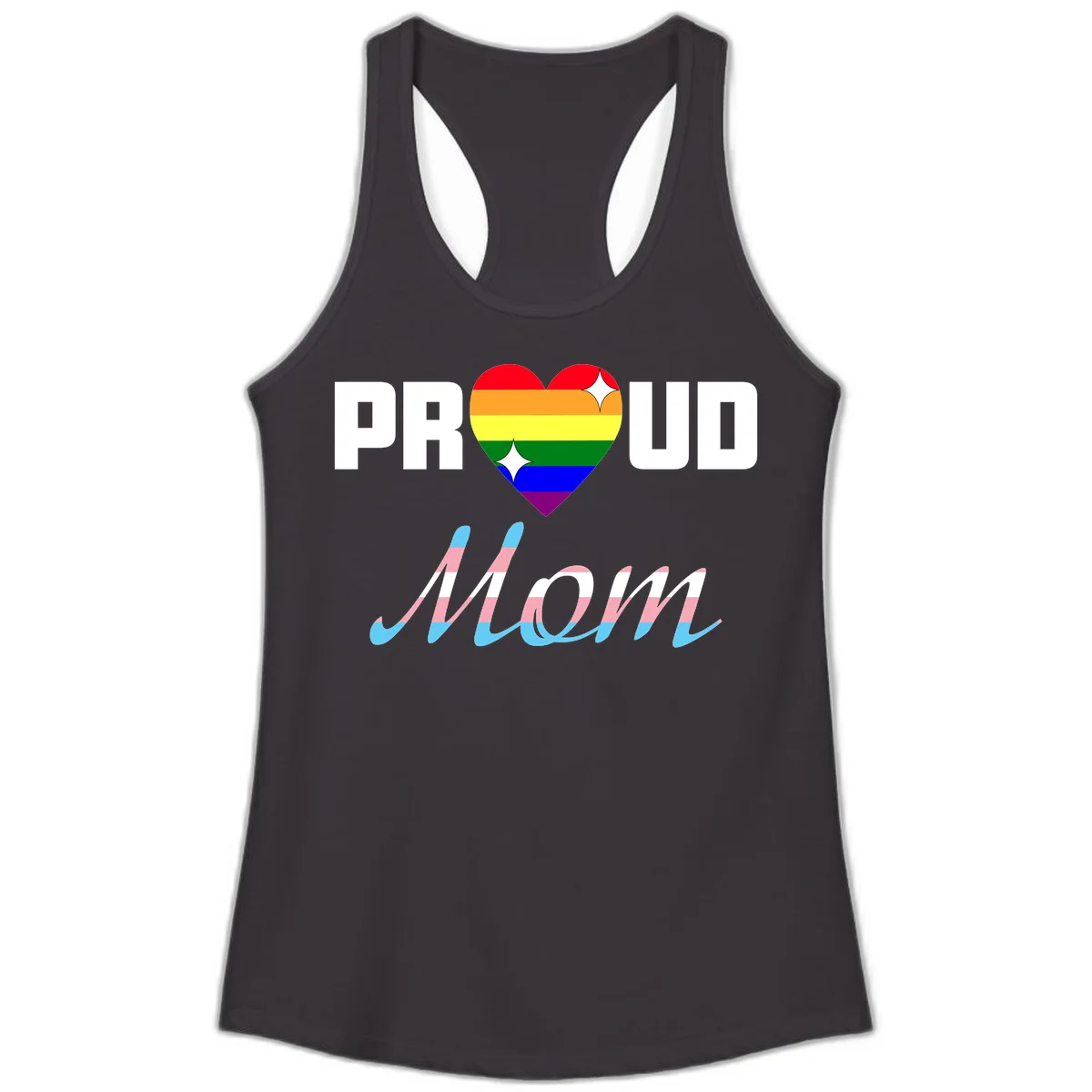 Proud all in pride design with rainbow heart and trans flag striped script text on gray background in Black
