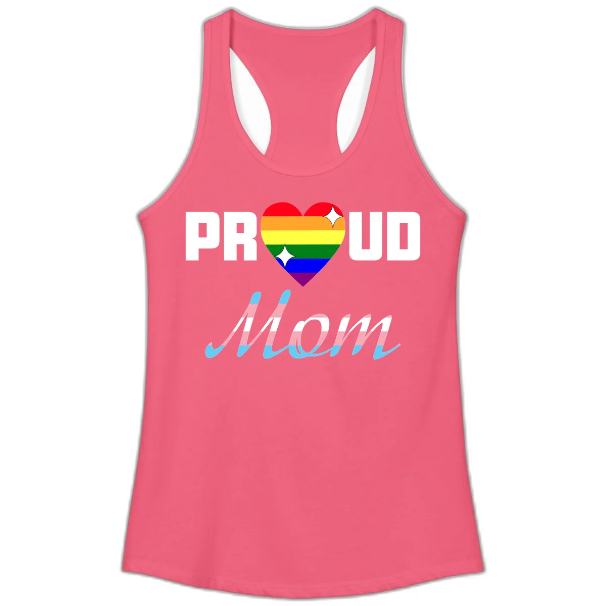 Proud all in pride design with rainbow heart and trans flag striped script text on gray background in Hot Pink