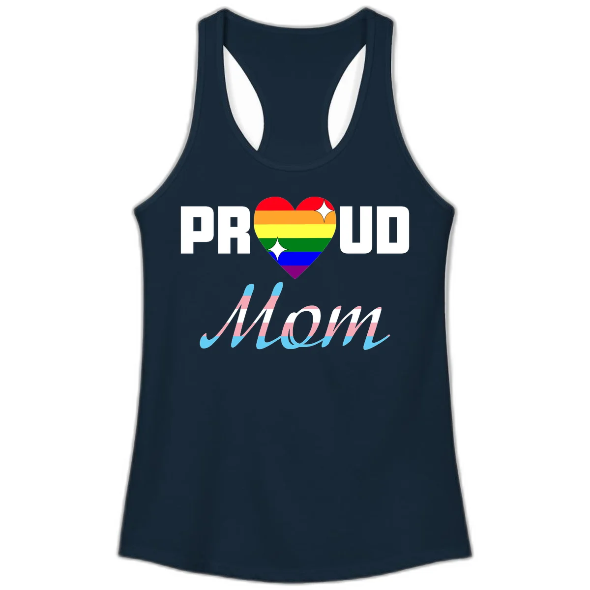 Proud all in pride design with rainbow heart and trans flag striped script text on gray background in Solid Midnight Navy