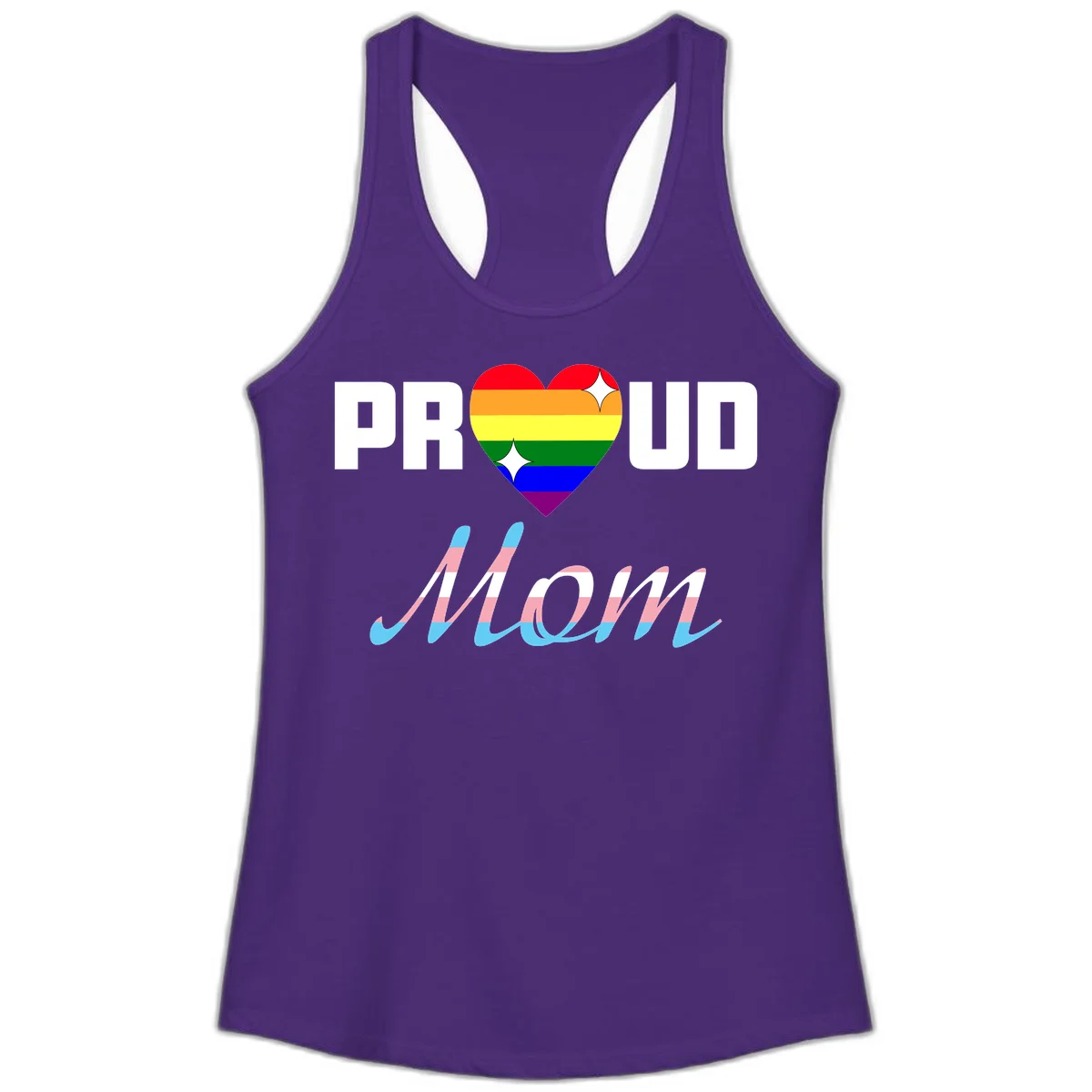 Proud all in pride design with rainbow heart and trans flag striped script text on gray background in Solid Purple Rush