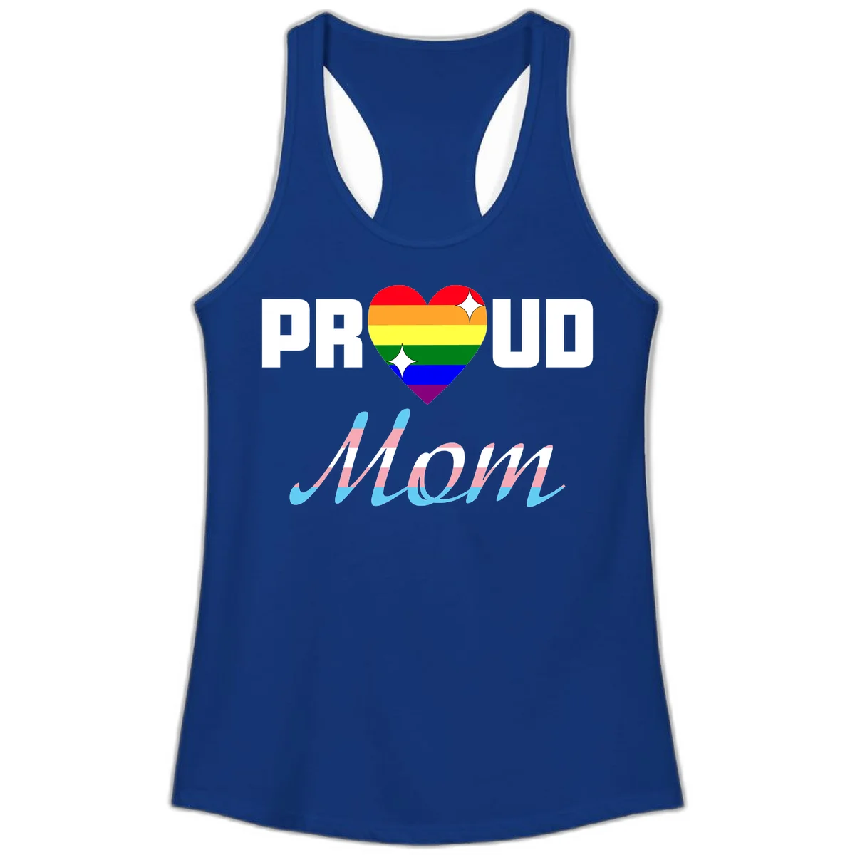 Proud all in pride design with rainbow heart and trans flag striped script text on gray background in Solid Royal