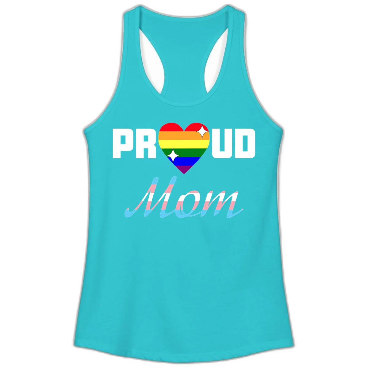 Proud all in pride design with rainbow heart and trans flag striped script text on gray background in Solid Tahiti Blue