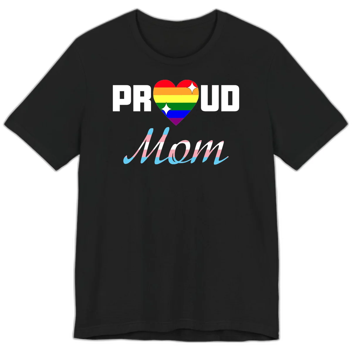 Proud all in pride design with rainbow heart and trans flag striped script text on gray background in Black