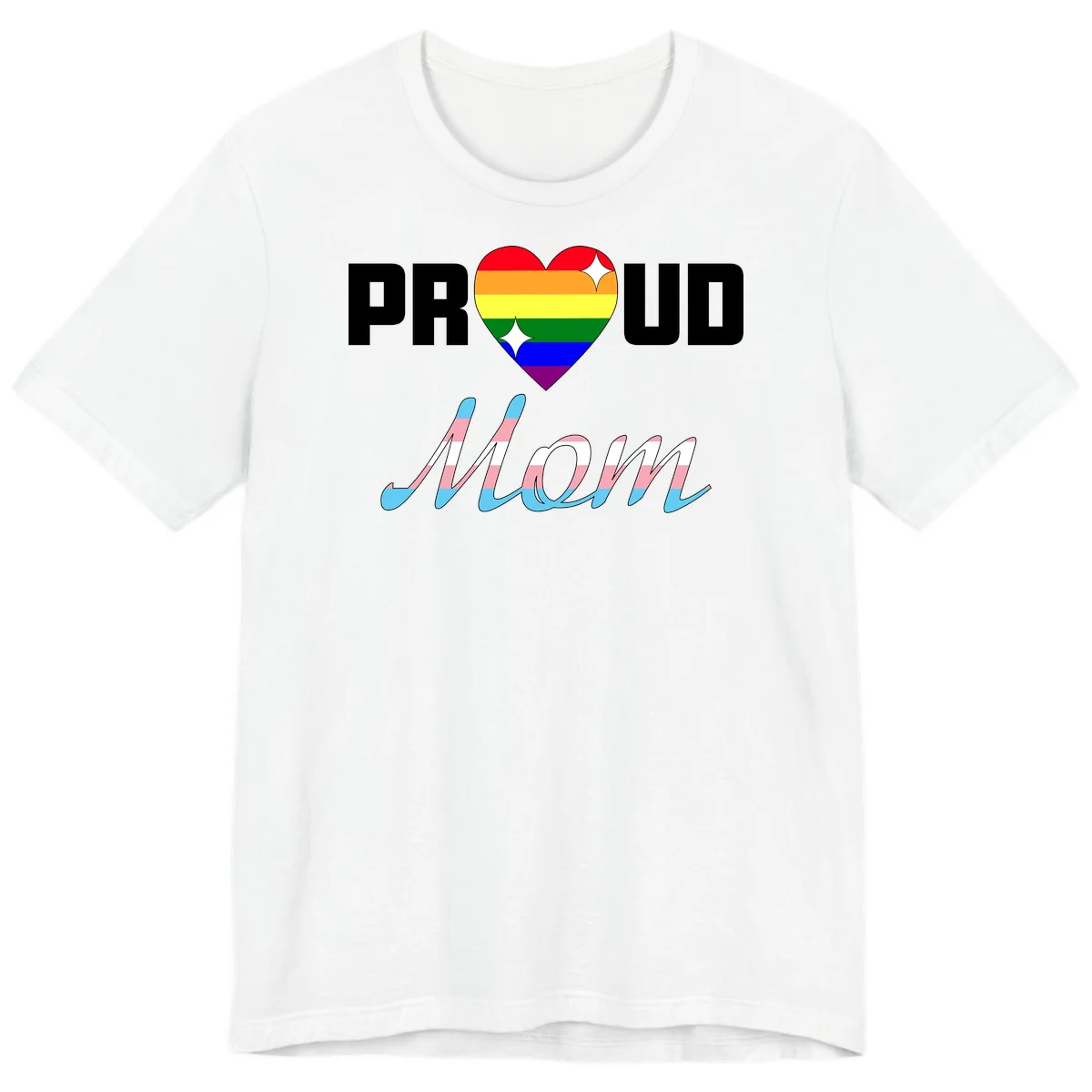 Proud all in pride design with rainbow heart and trans flag striped script text on gray background in White