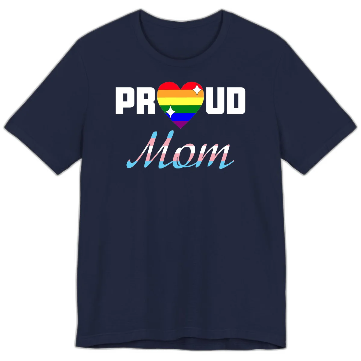 Proud all in pride design with rainbow heart and trans flag striped script text on gray background in Navy