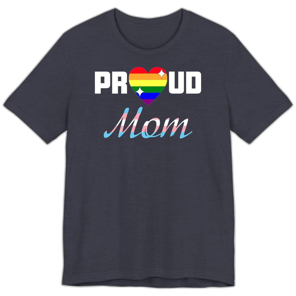 Proud all in pride design with rainbow heart and trans flag striped script text on gray background in Heather Midnight Navy