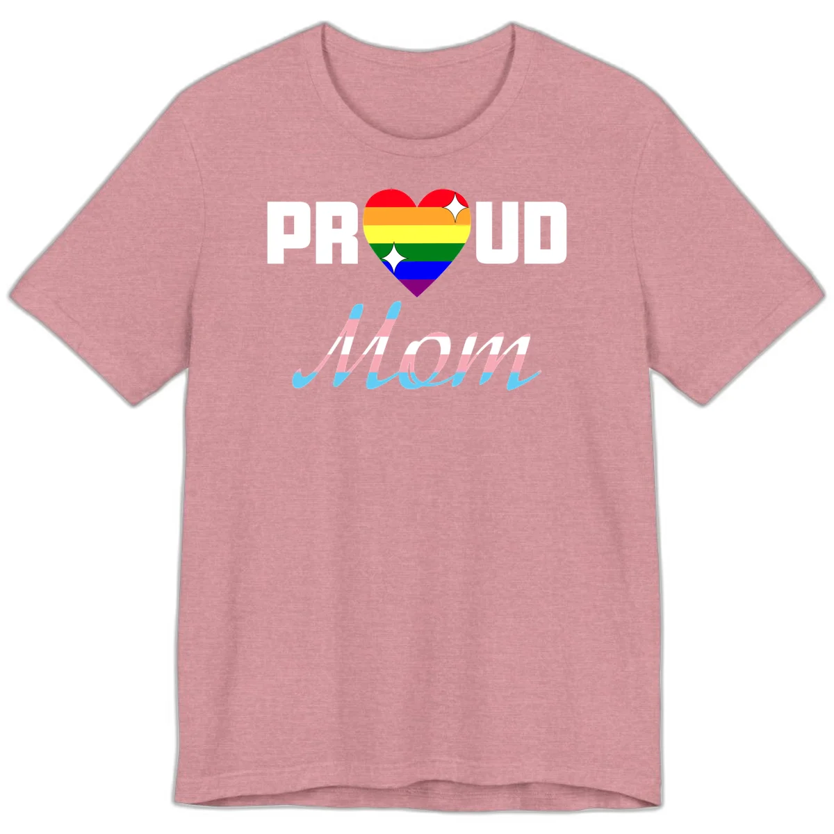 Proud all in pride design with rainbow heart and trans flag striped script text on gray background in Heather Orchid