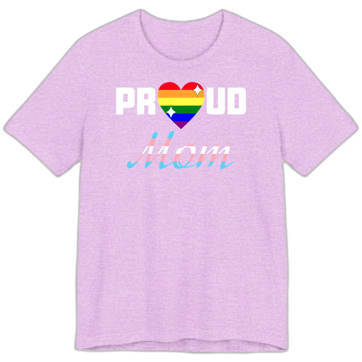 Proud all in pride design with rainbow heart and trans flag striped script text on gray background in Heather Prism Lilac