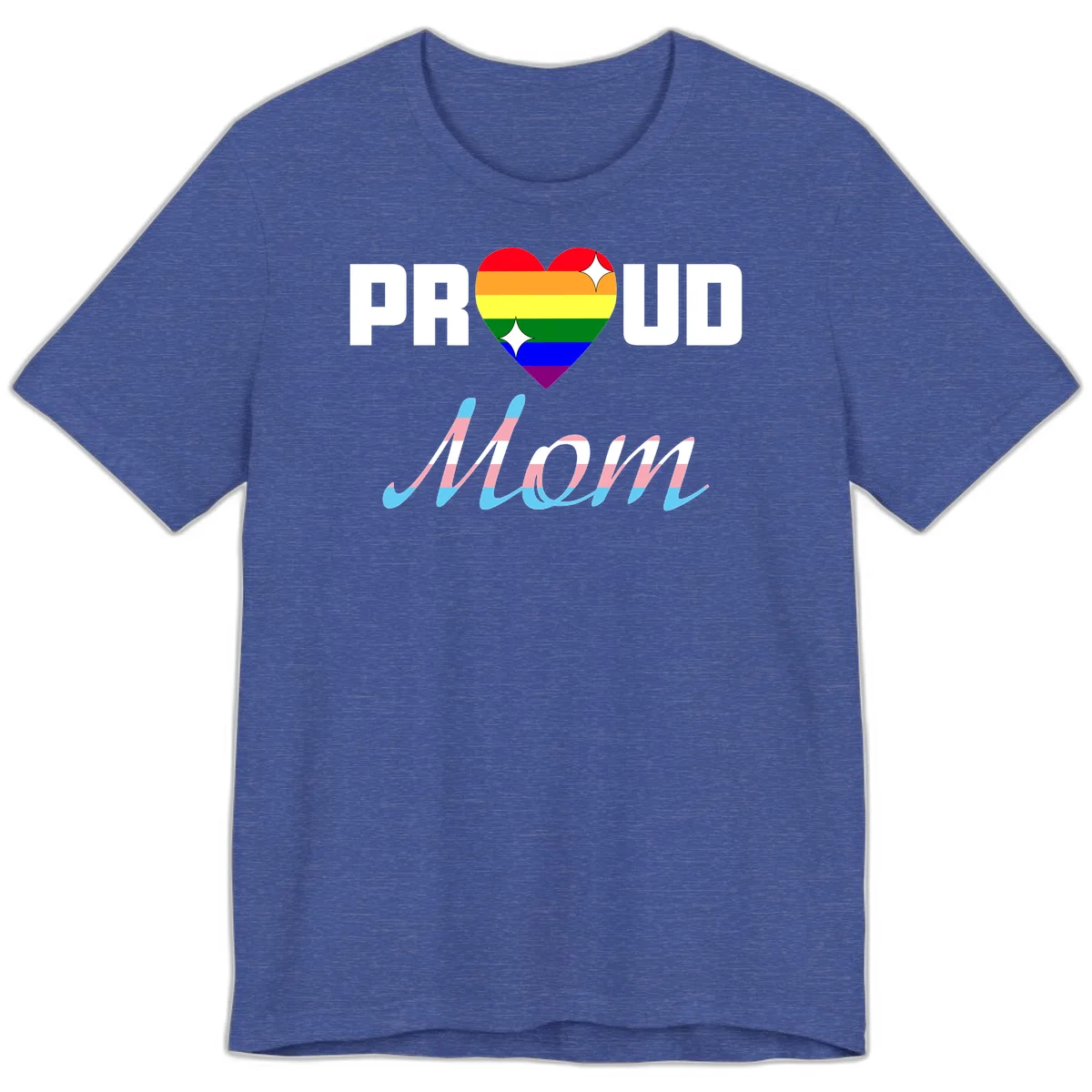 Proud all in pride design with rainbow heart and trans flag striped script text on gray background in Heather True Royal