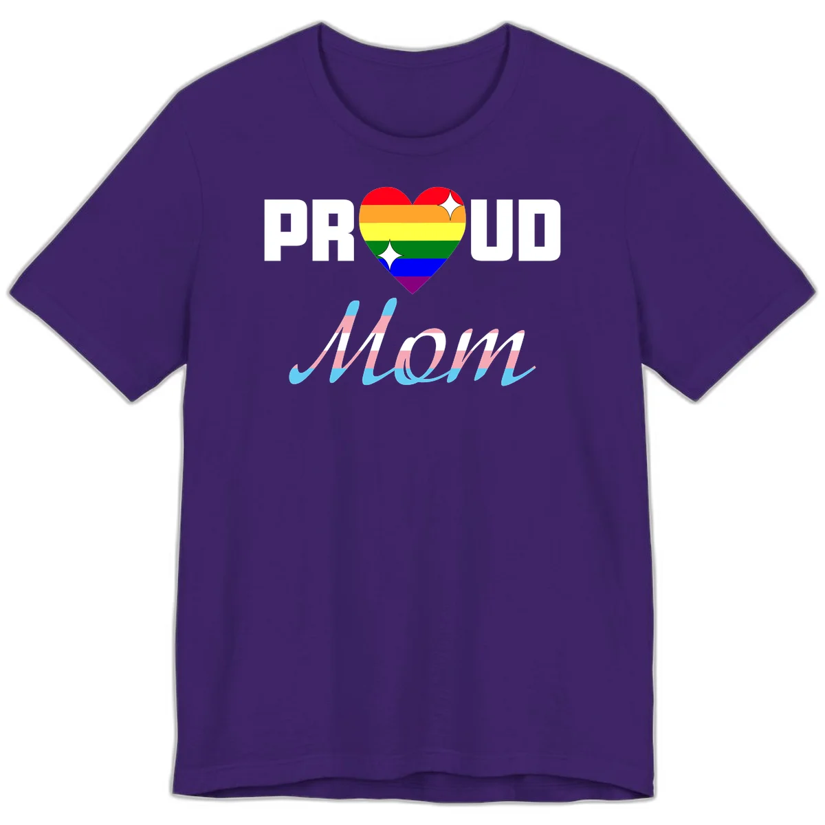 Proud all in pride design with rainbow heart and trans flag striped script text on gray background in Team Purple