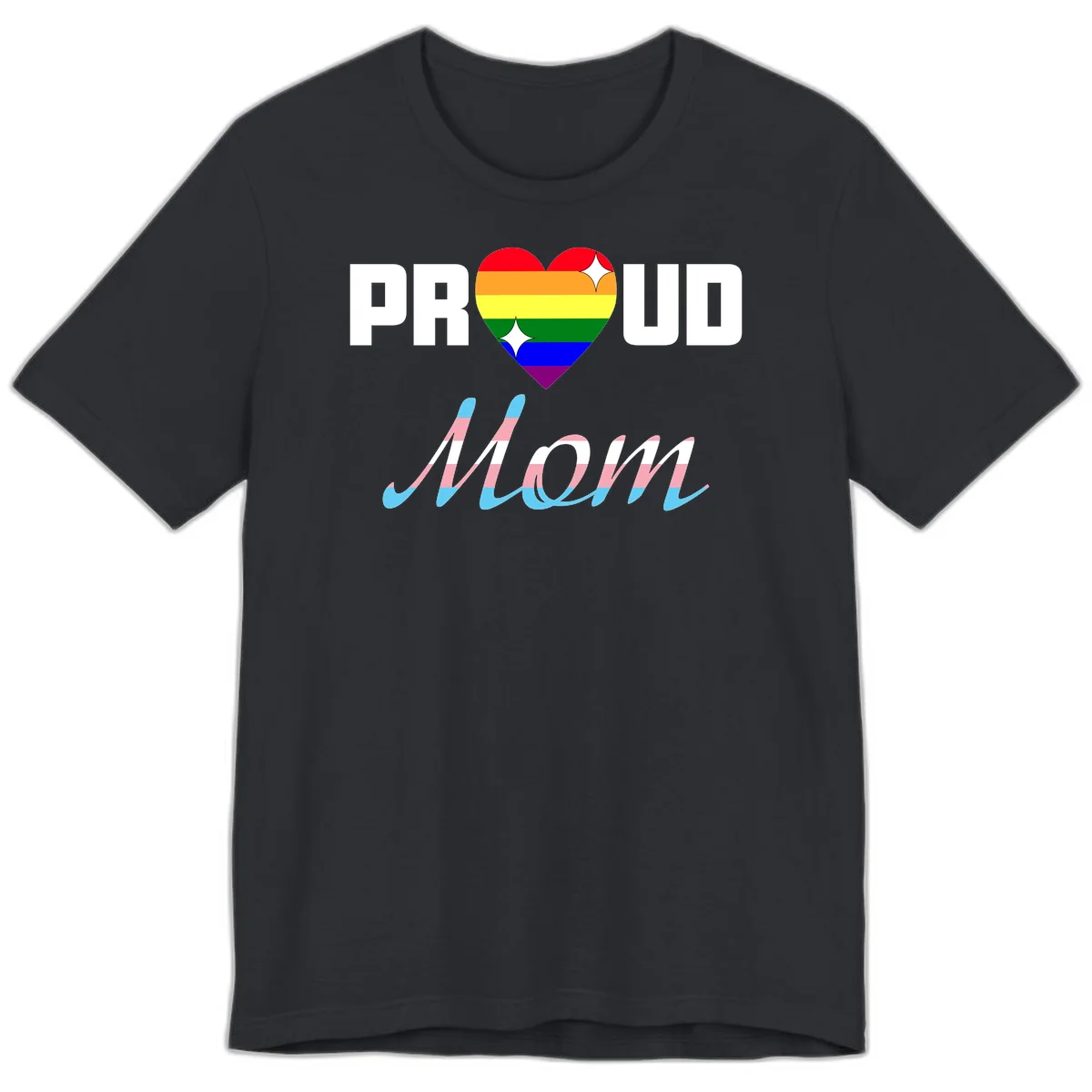 Proud all in pride design with rainbow heart and trans flag striped script text on gray background in Vintage Black