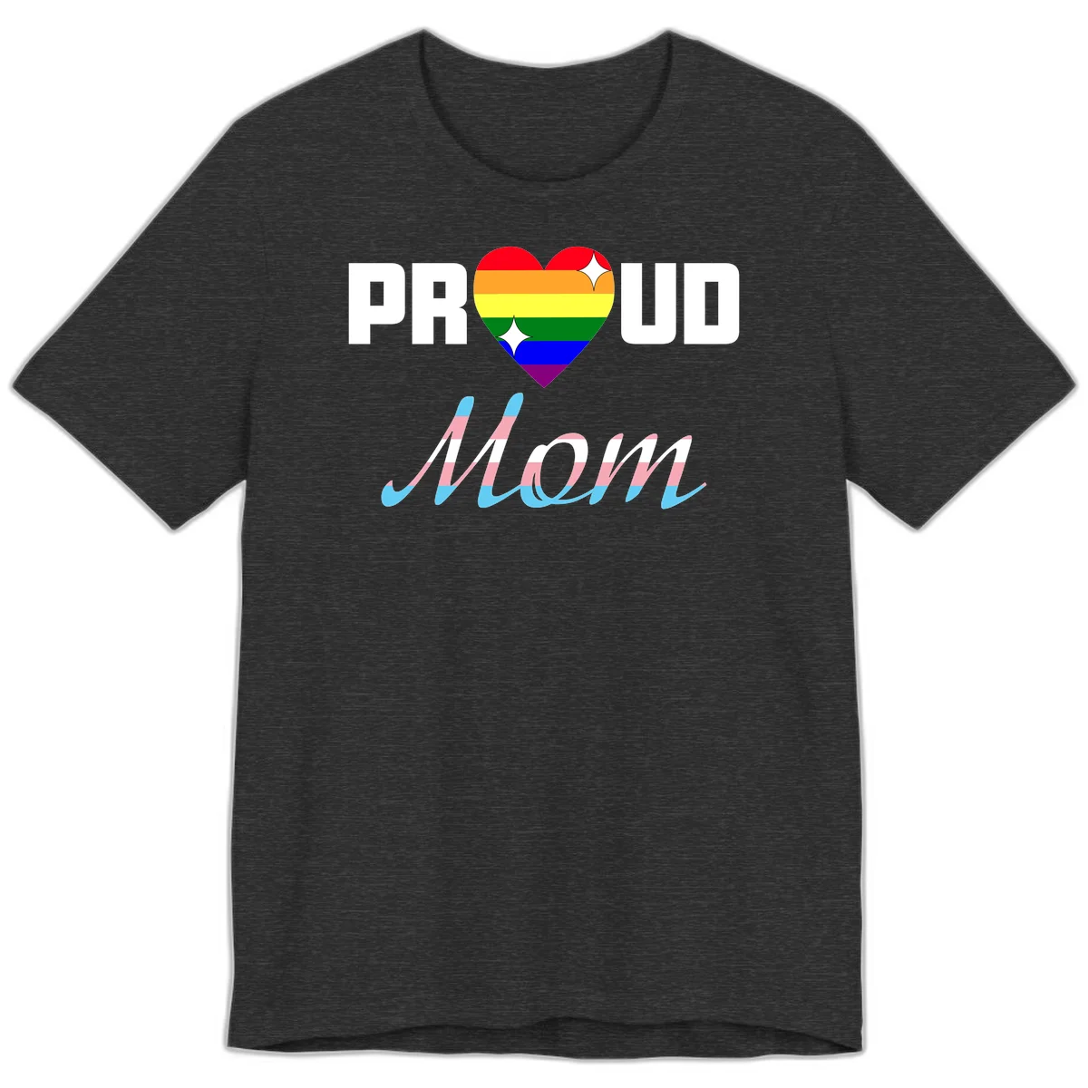 Proud all in pride design with rainbow heart and trans flag striped script text on gray background in Dark Grey Heather