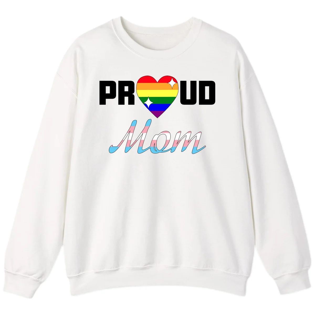 Proud all in pride design with rainbow heart and trans flag striped script text on gray background in White