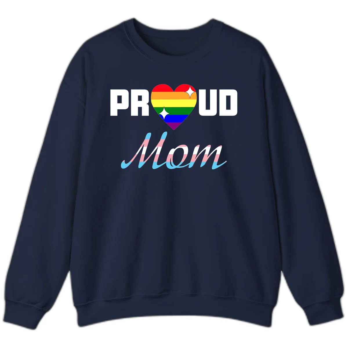 Proud all in pride design with rainbow heart and trans flag striped script text on gray background in Navy