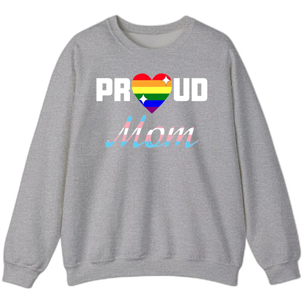 Proud all in pride design with rainbow heart and trans flag striped script text on gray background in Sport Grey