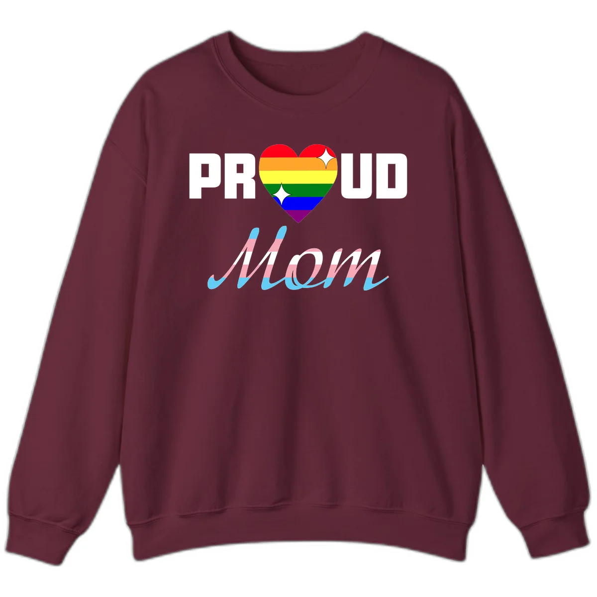 Proud all in pride design with rainbow heart and trans flag striped script text on gray background in Maroon