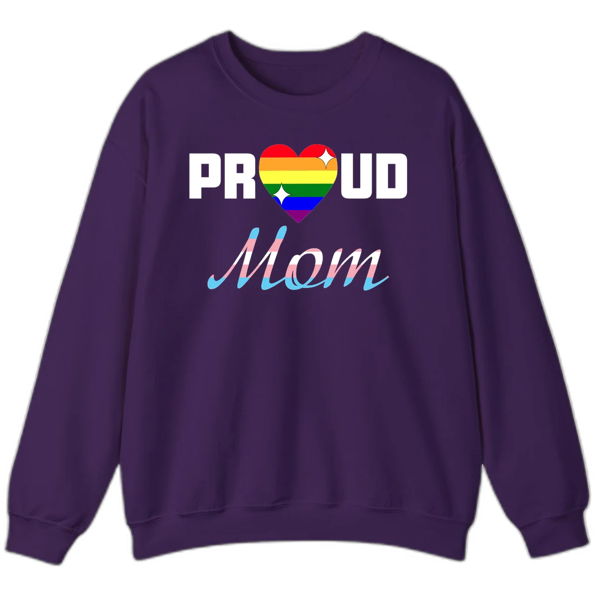 Proud all in pride design with rainbow heart and trans flag striped script text on gray background in Purple