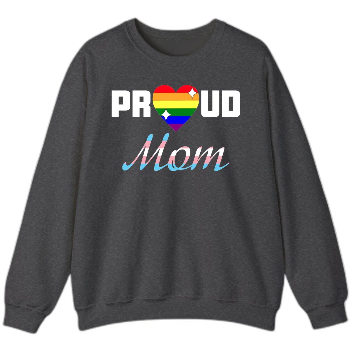 Proud all in pride design with rainbow heart and trans flag striped script text on gray background in Dark Heather