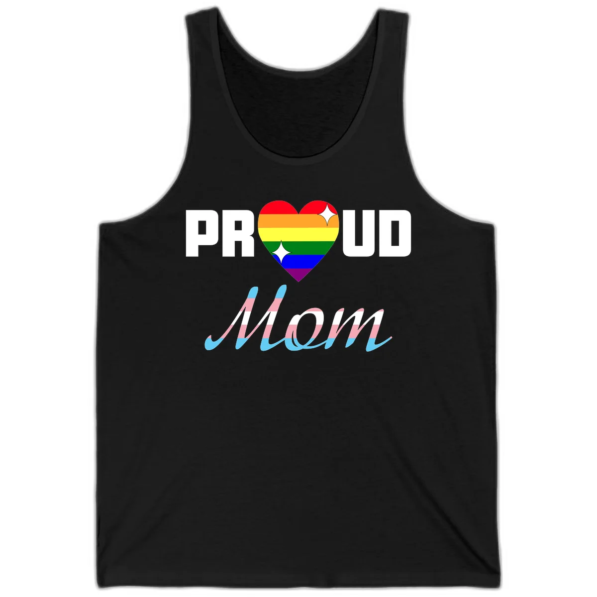 Proud all in pride design with rainbow heart and trans flag striped script text on gray background in Black