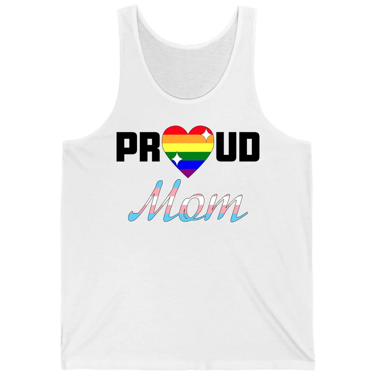 Proud all in pride design with rainbow heart and trans flag striped script text on gray background in White