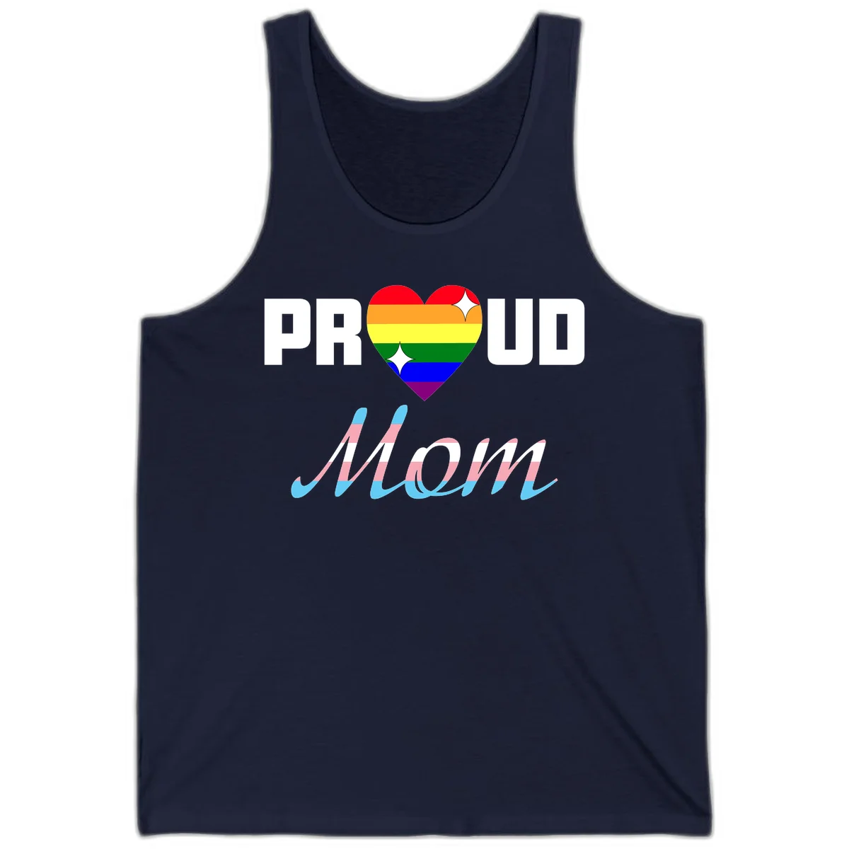 Proud all in pride design with rainbow heart and trans flag striped script text on gray background in Navy