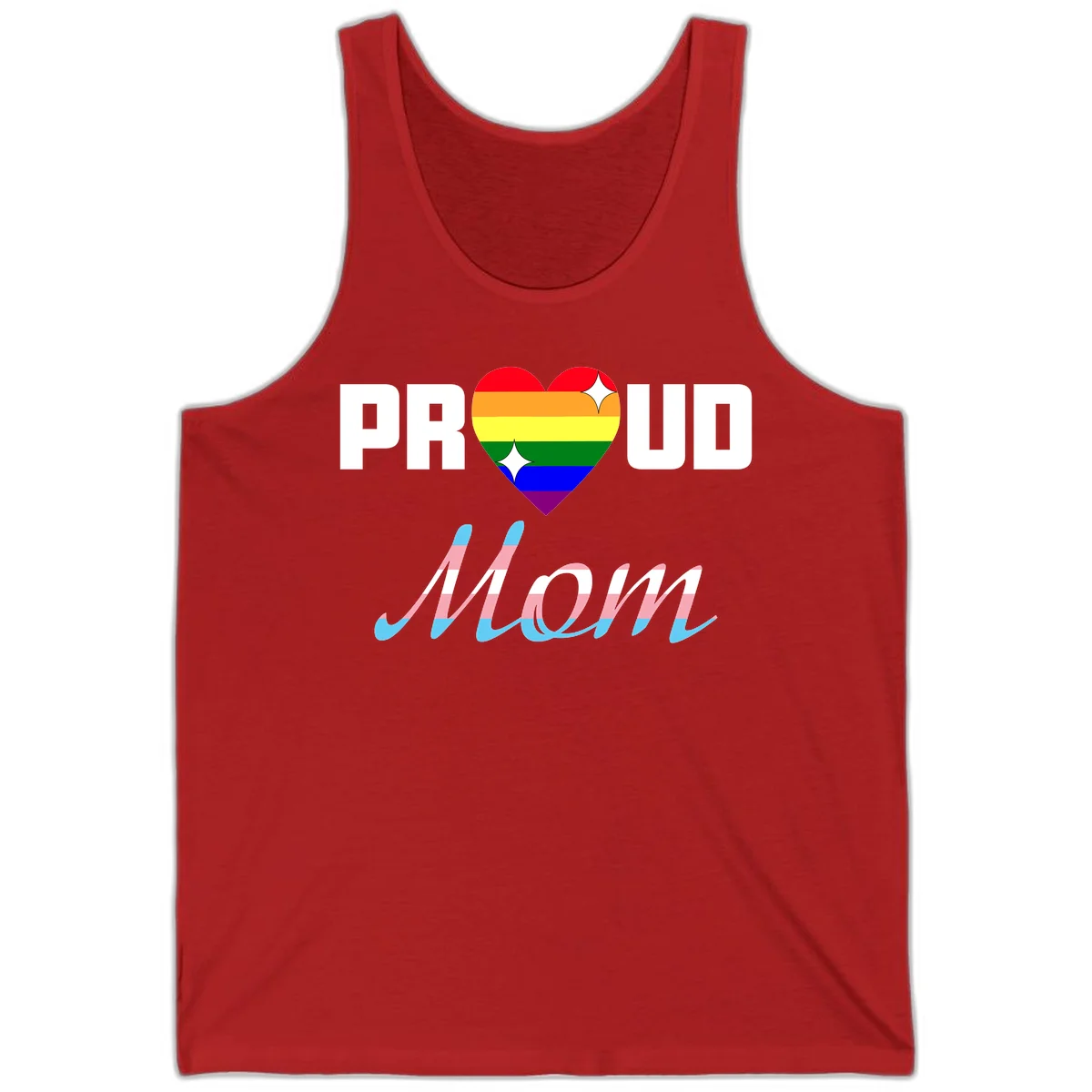 Proud all in pride design with rainbow heart and trans flag striped script text on gray background in Red