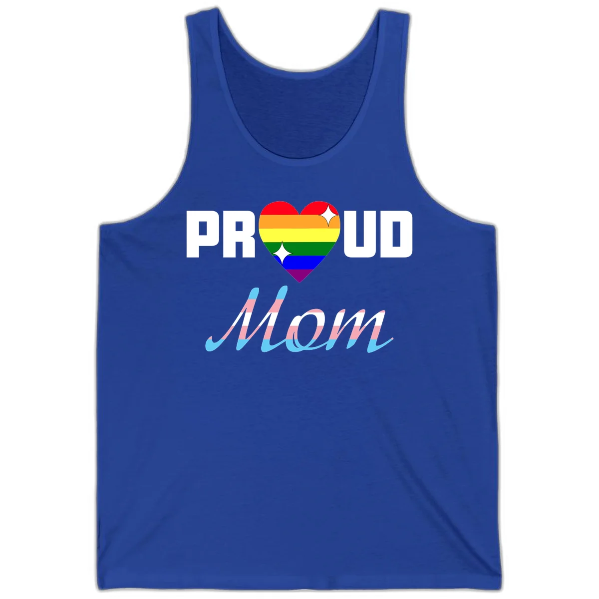 Proud all in pride design with rainbow heart and trans flag striped script text on gray background in True Royal