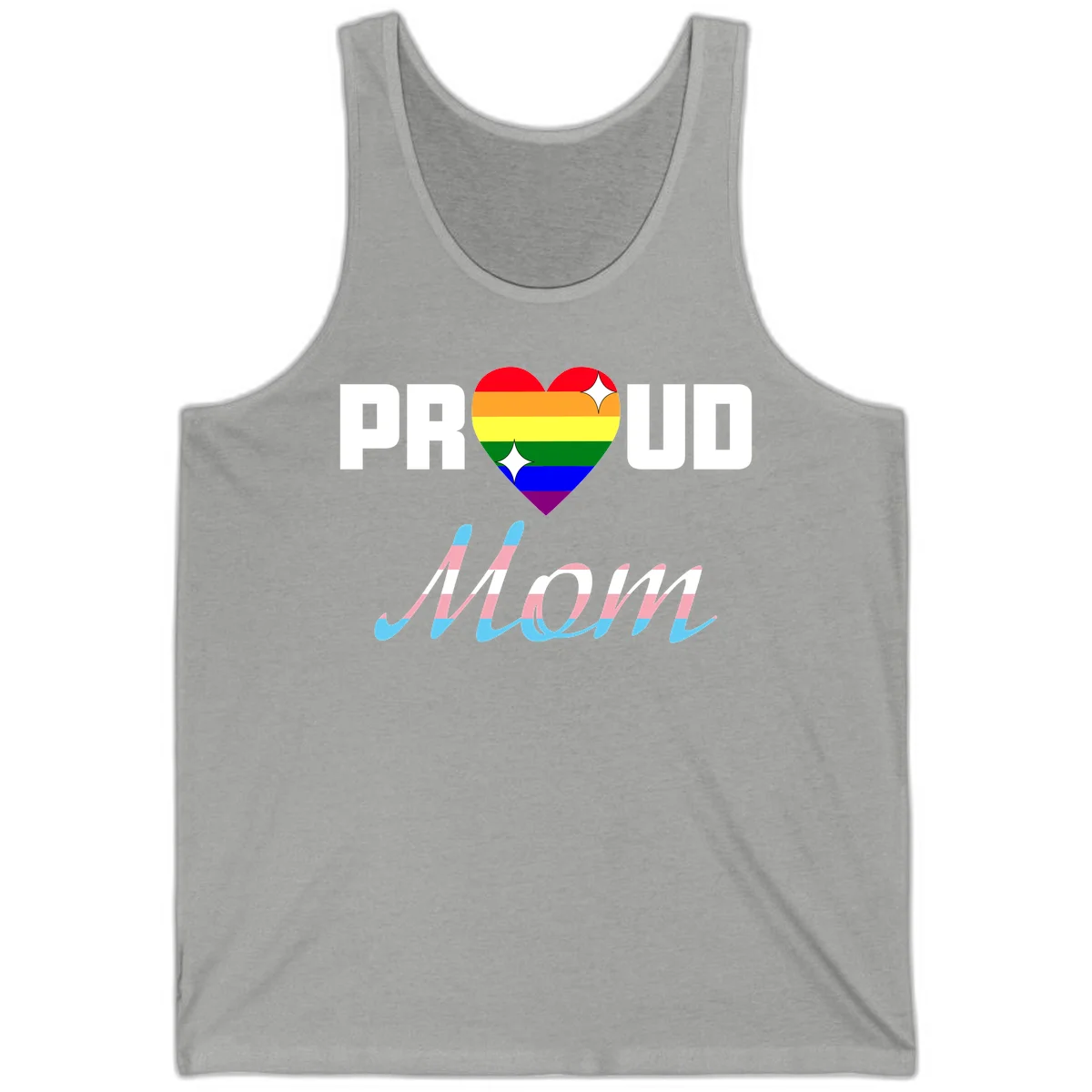 Proud all in pride design with rainbow heart and trans flag striped script text on gray background in Athletic Heather