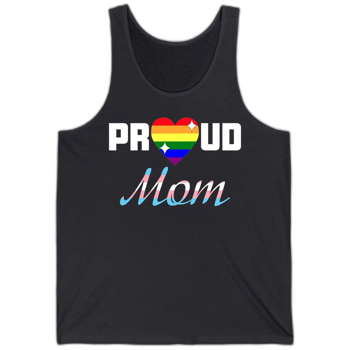 Proud all in pride design with rainbow heart and trans flag striped script text on gray background in Dark Grey