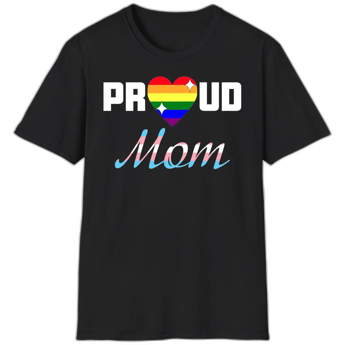 Proud all in pride design with rainbow heart and trans flag striped script text on gray background in Black