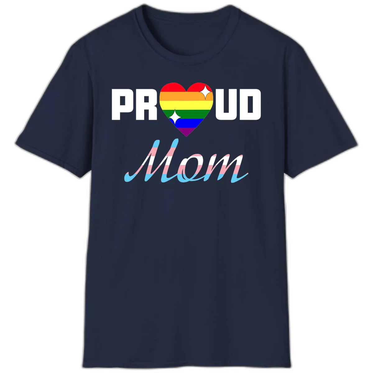 Proud all in pride design with rainbow heart and trans flag striped script text on gray background in Navy