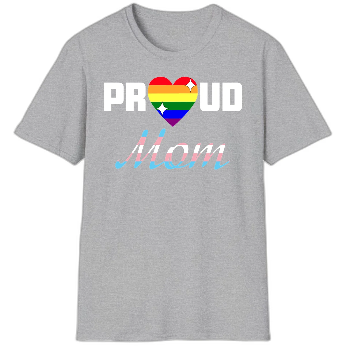 Proud all in pride design with rainbow heart and trans flag striped script text on gray background in Sport Grey