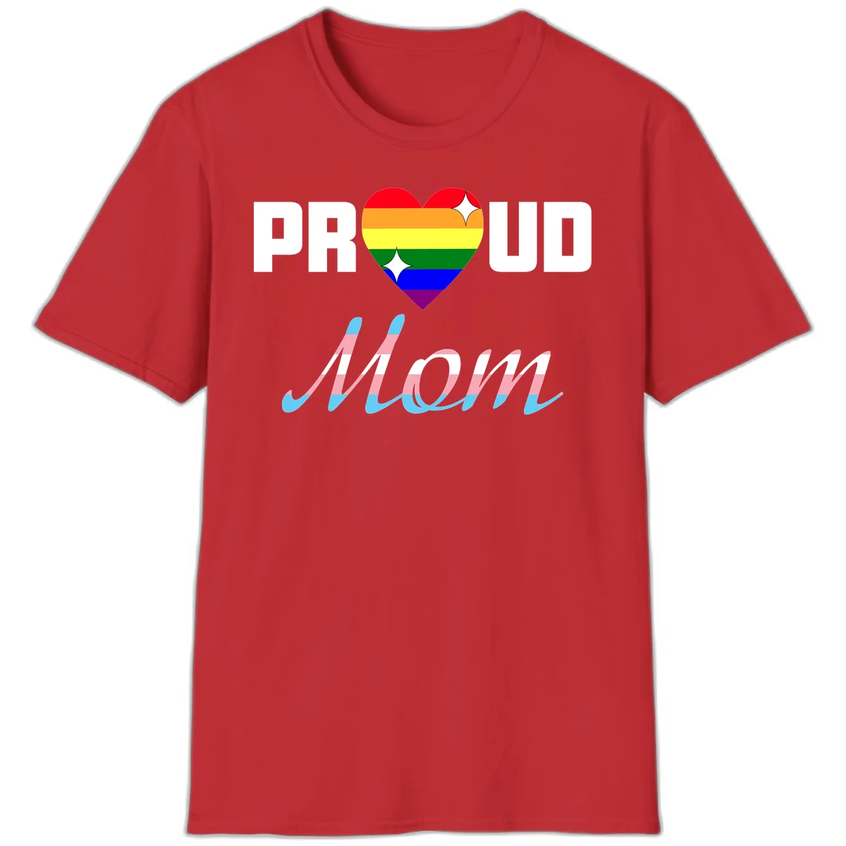 Proud all in pride design with rainbow heart and trans flag striped script text on gray background in Red