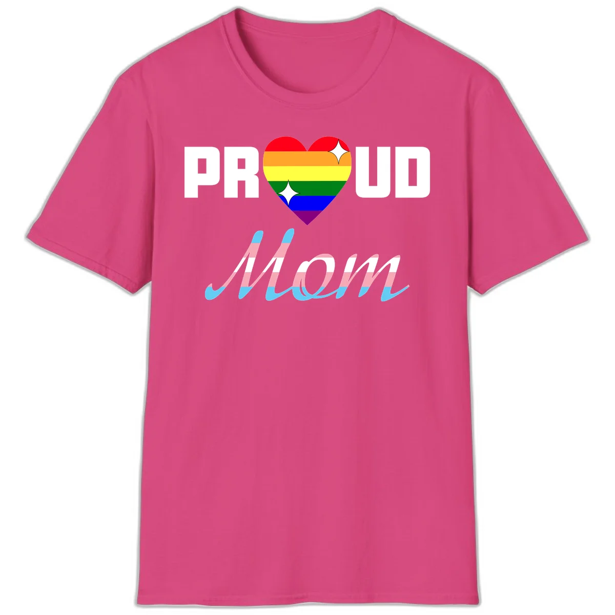 Proud all in pride design with rainbow heart and trans flag striped script text on gray background in Heliconia