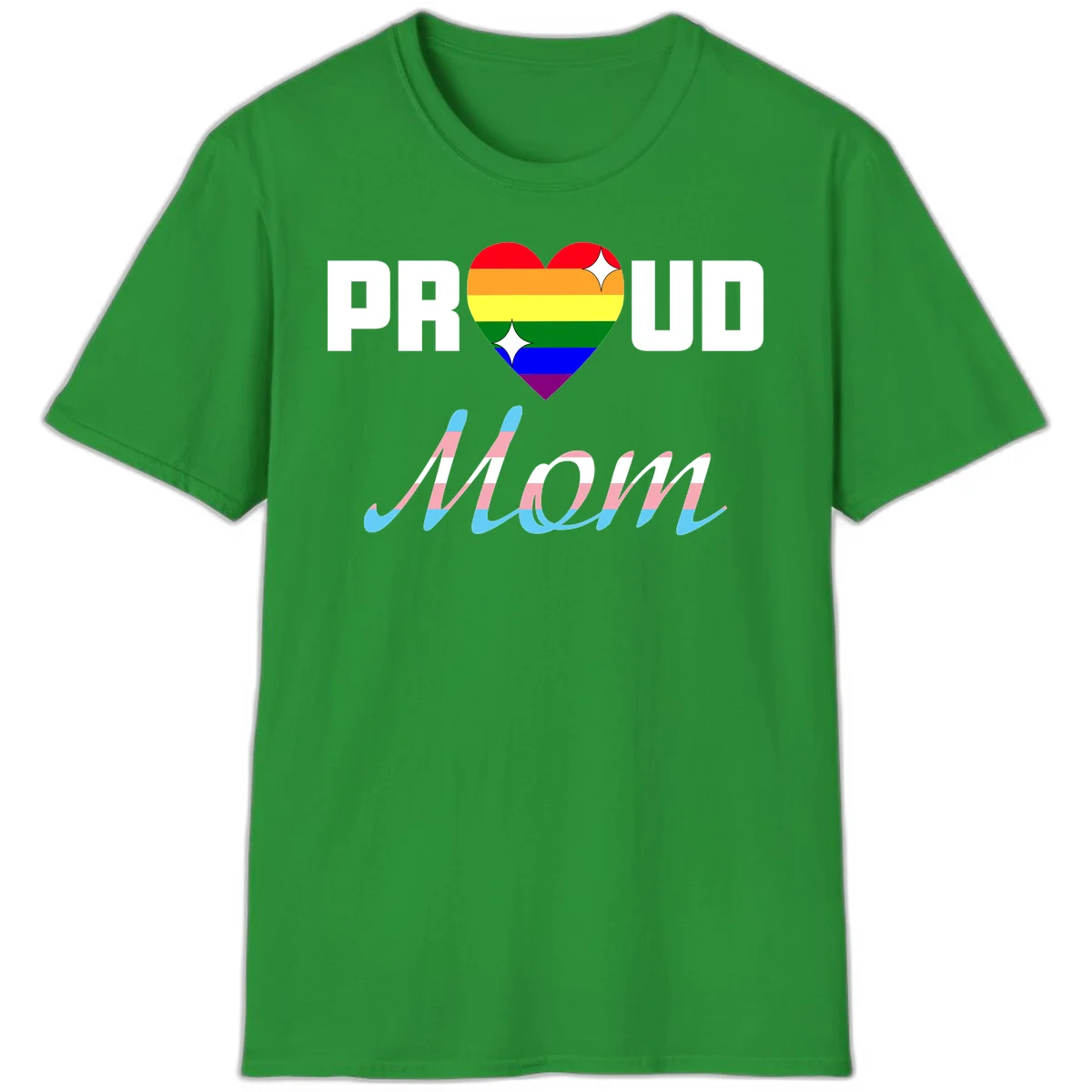 Proud all in pride design with rainbow heart and trans flag striped script text on gray background in Irish Green