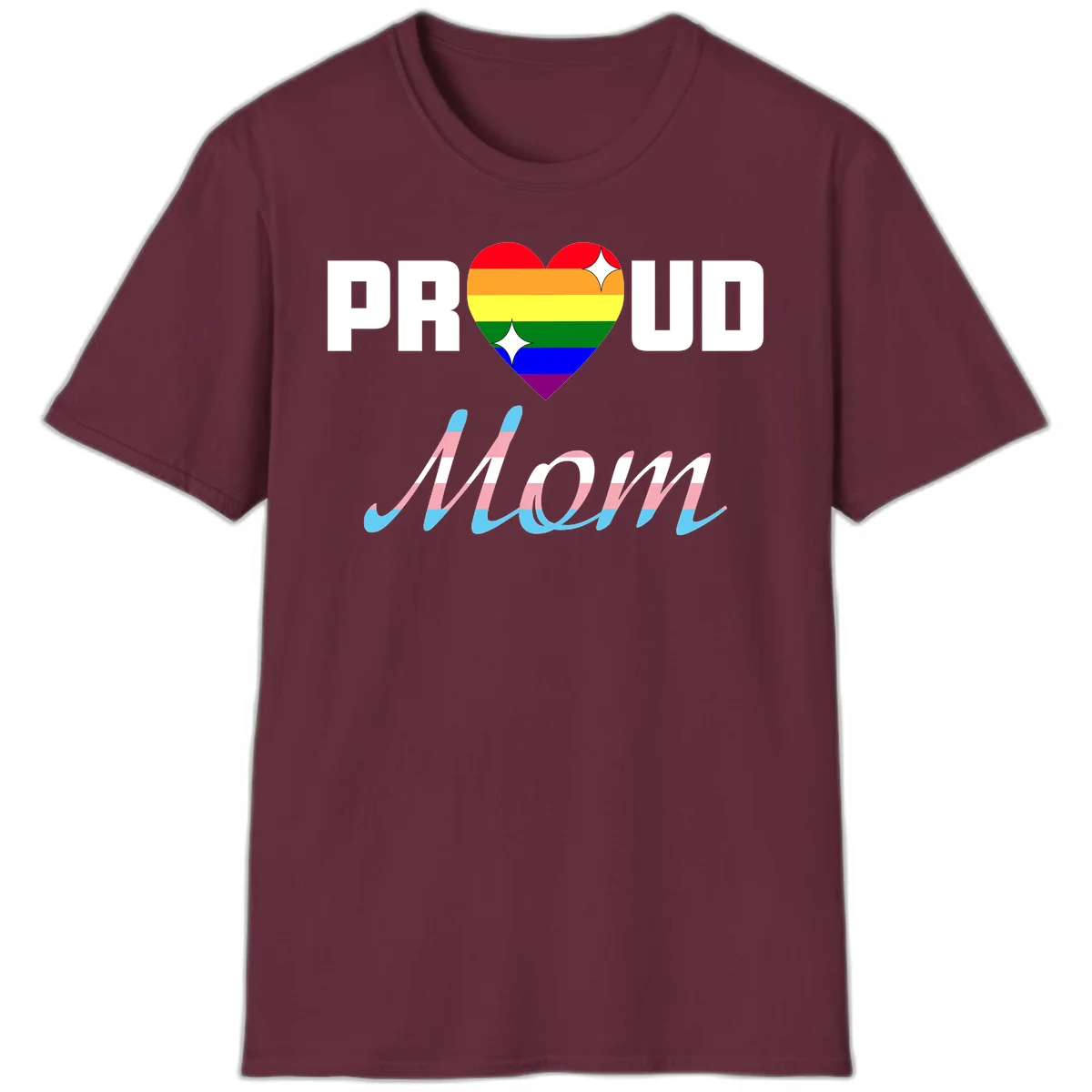 Proud all in pride design with rainbow heart and trans flag striped script text on gray background in Maroon