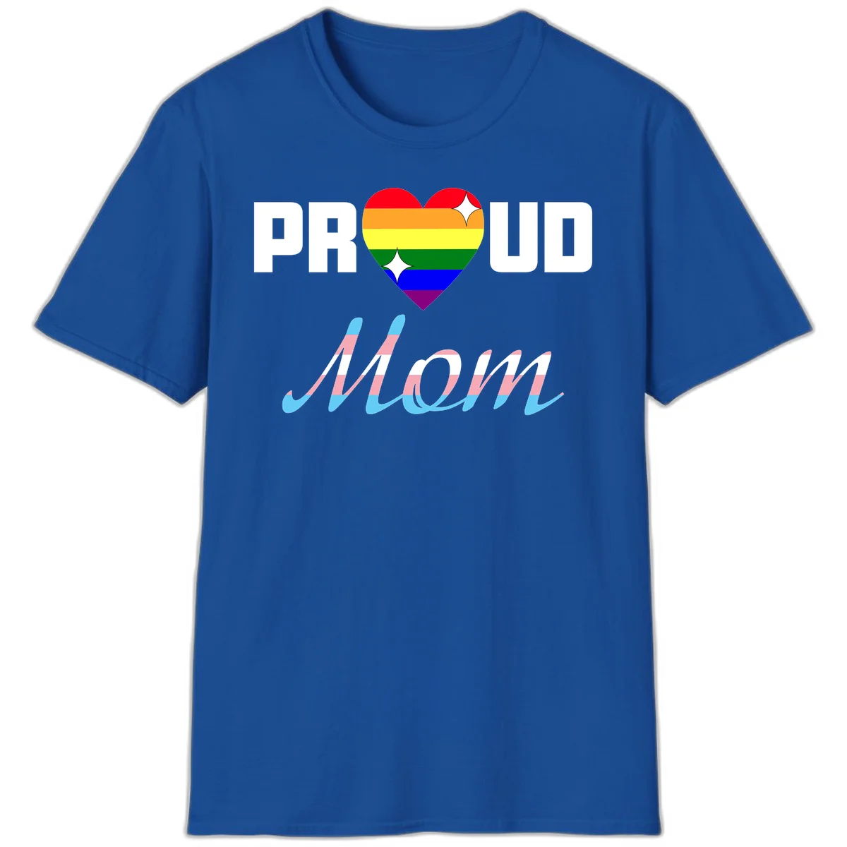 Proud all in pride design with rainbow heart and trans flag striped script text on gray background in Royal