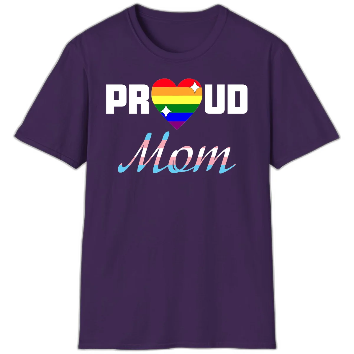 Proud all in pride design with rainbow heart and trans flag striped script text on gray background in Purple