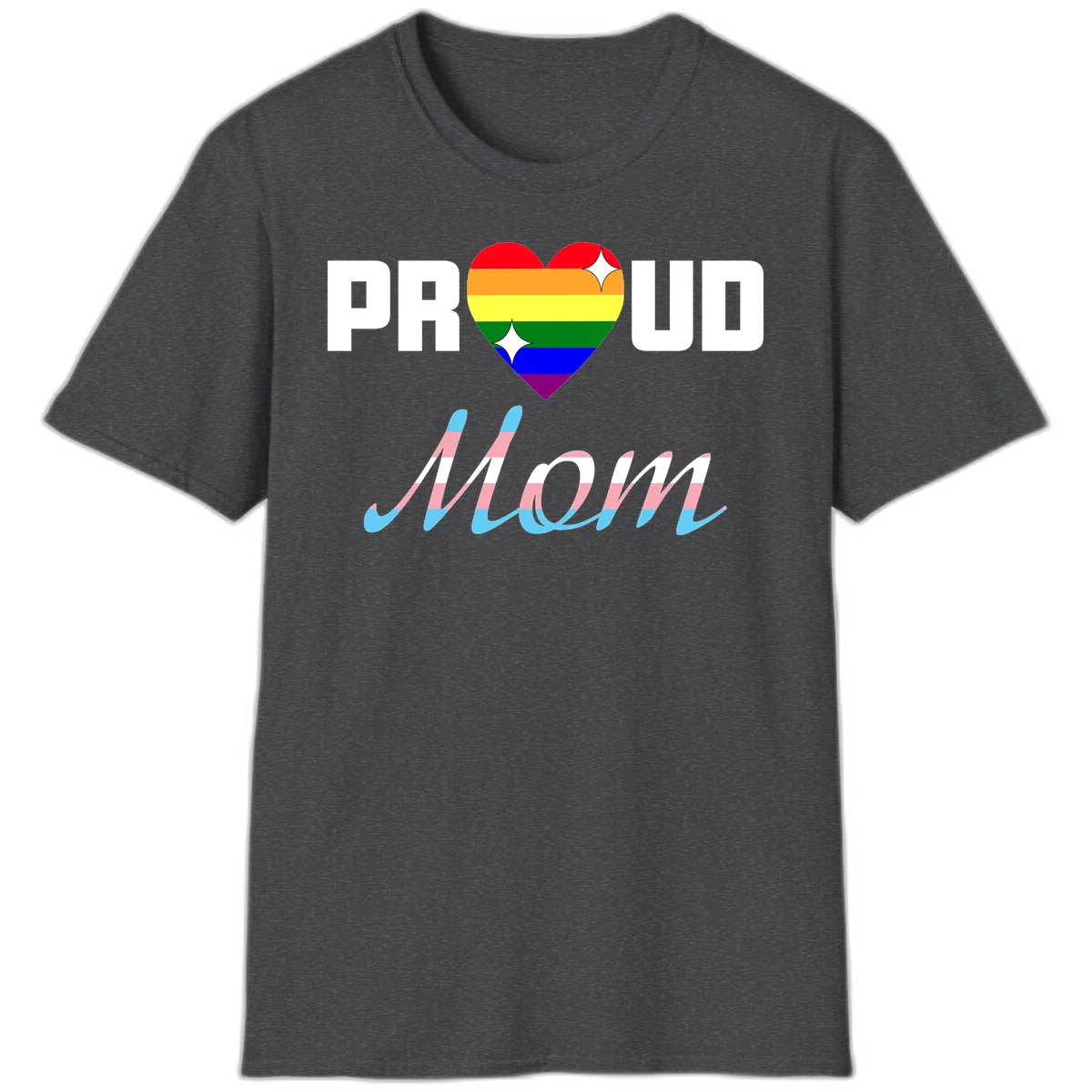 Proud all in pride design with rainbow heart and trans flag striped script text on gray background in Dark Heather