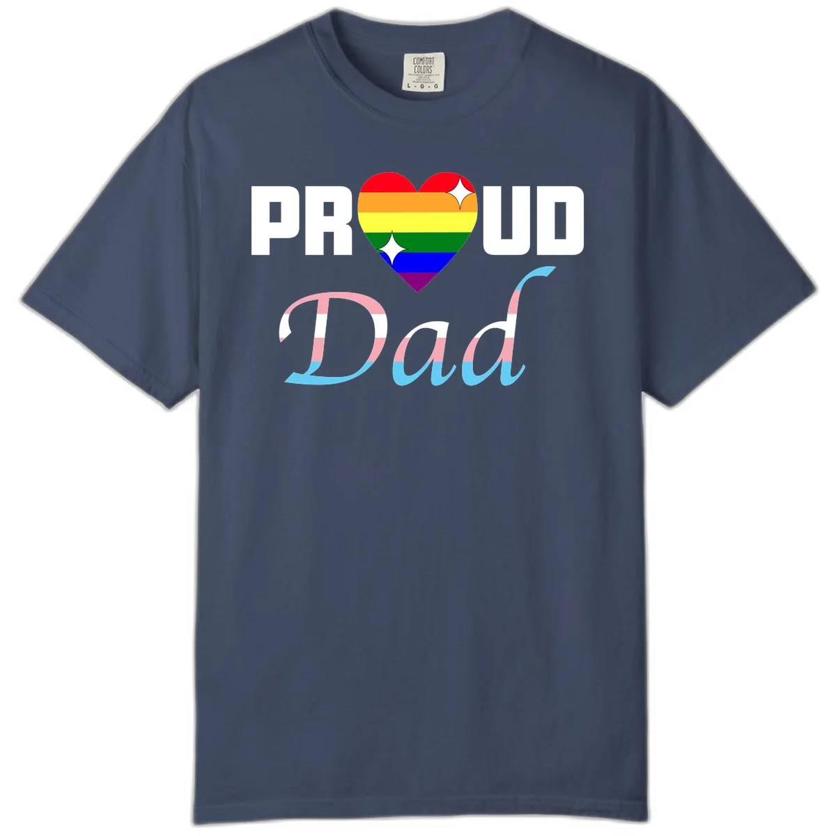 Proud Dad Pride design with rainbow heart and trans flag striped lettering on gray background in Midnight