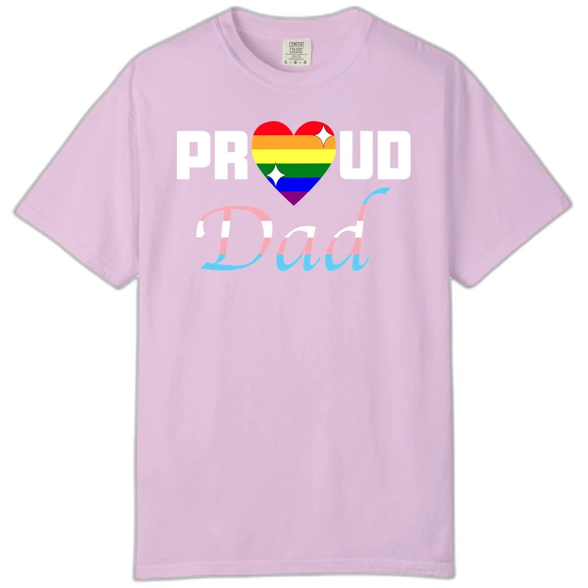 Proud Dad Pride design with rainbow heart and trans flag striped lettering on gray background in Orchid