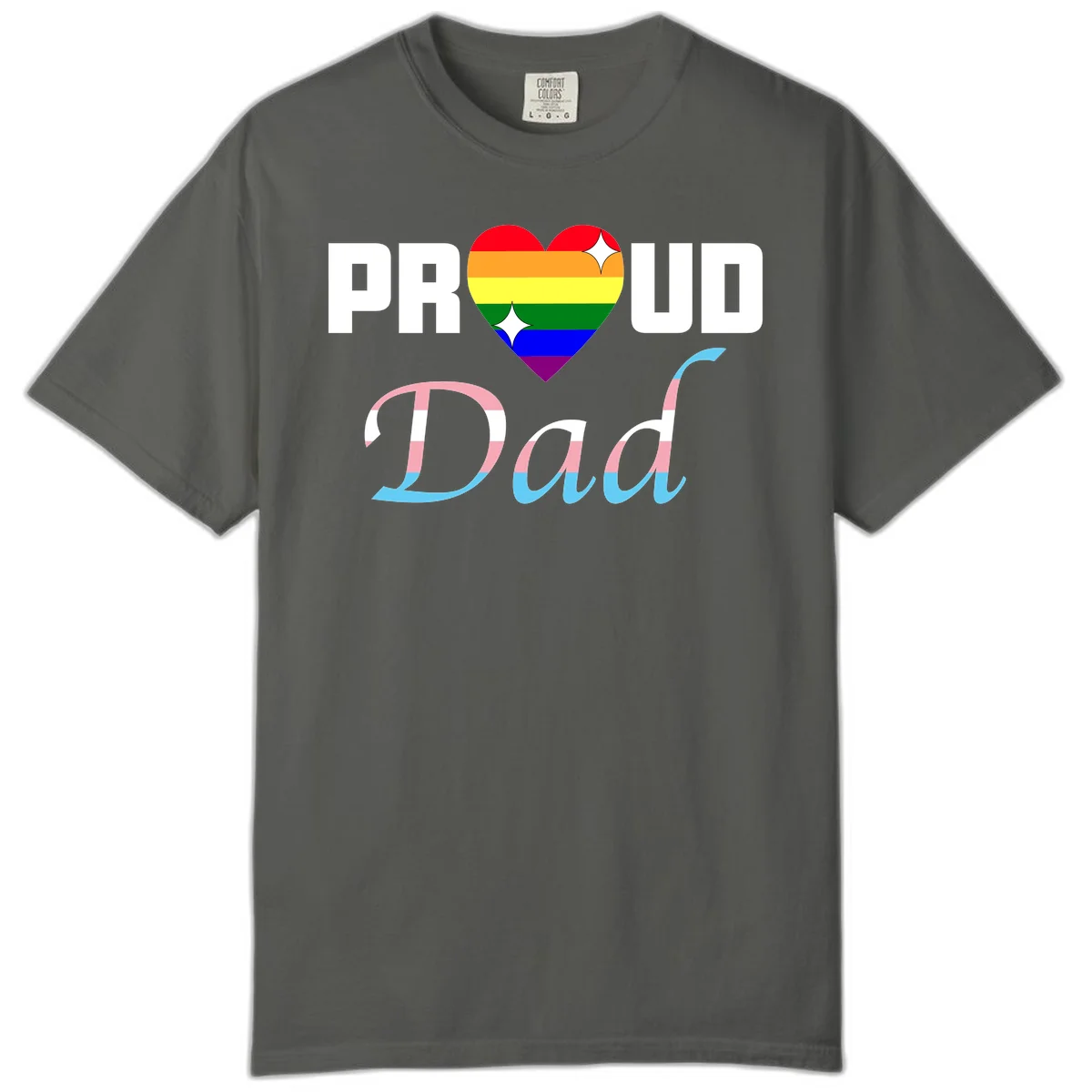 Proud Dad Pride design with rainbow heart and trans flag striped lettering on gray background in Pepper
