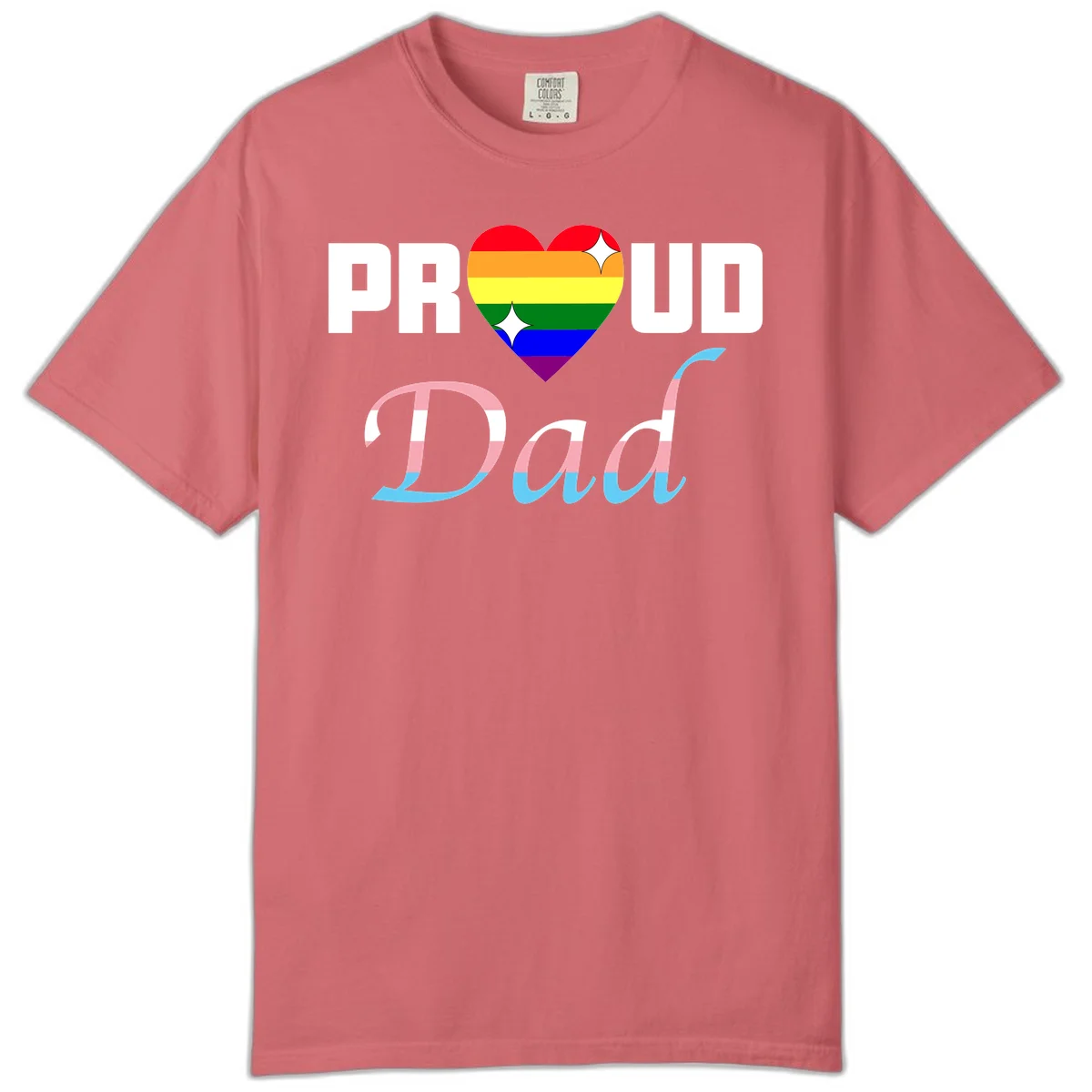 Proud Dad Pride design with rainbow heart and trans flag striped lettering on gray background in Watermelon