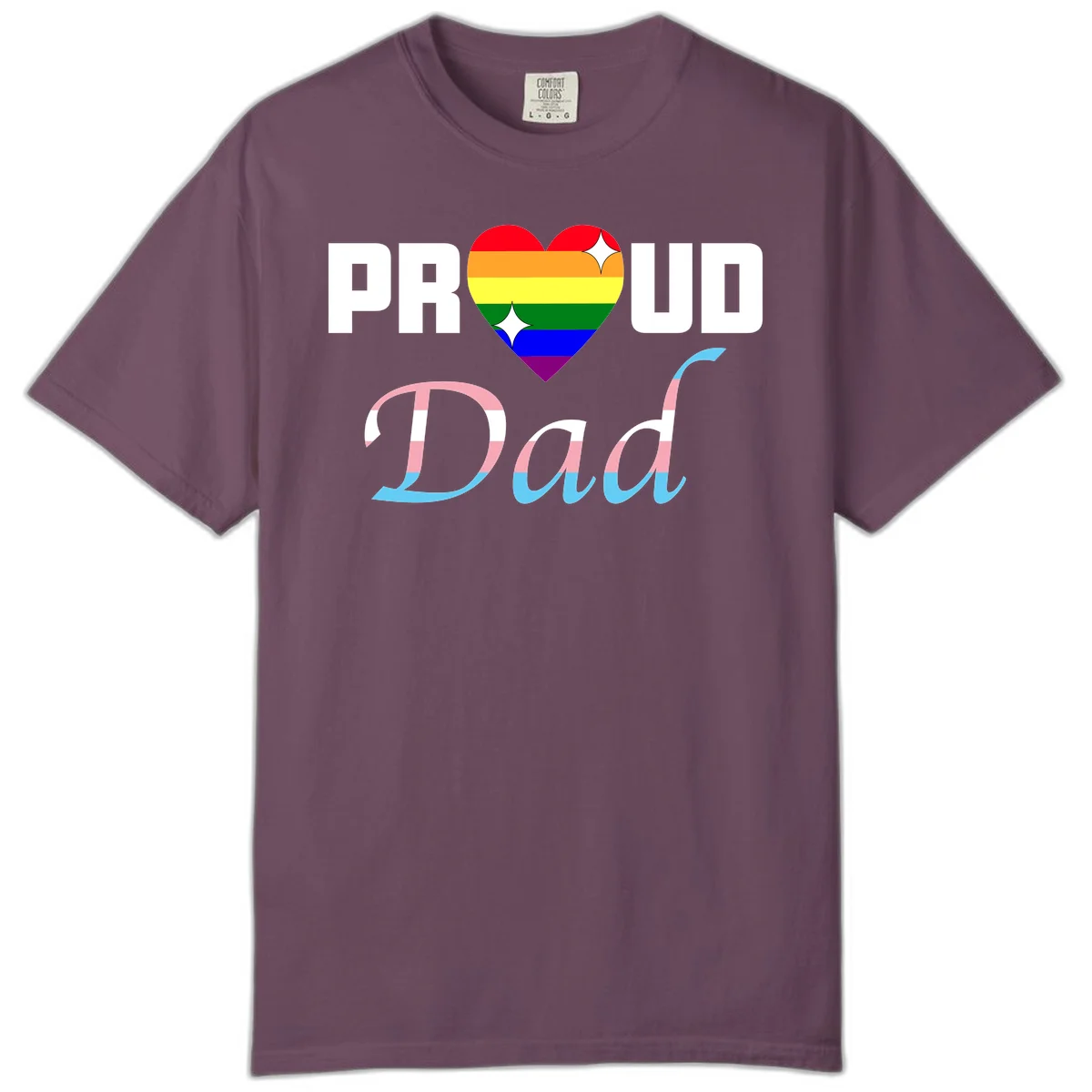 Proud Dad Pride design with rainbow heart and trans flag striped lettering on gray background in Berry