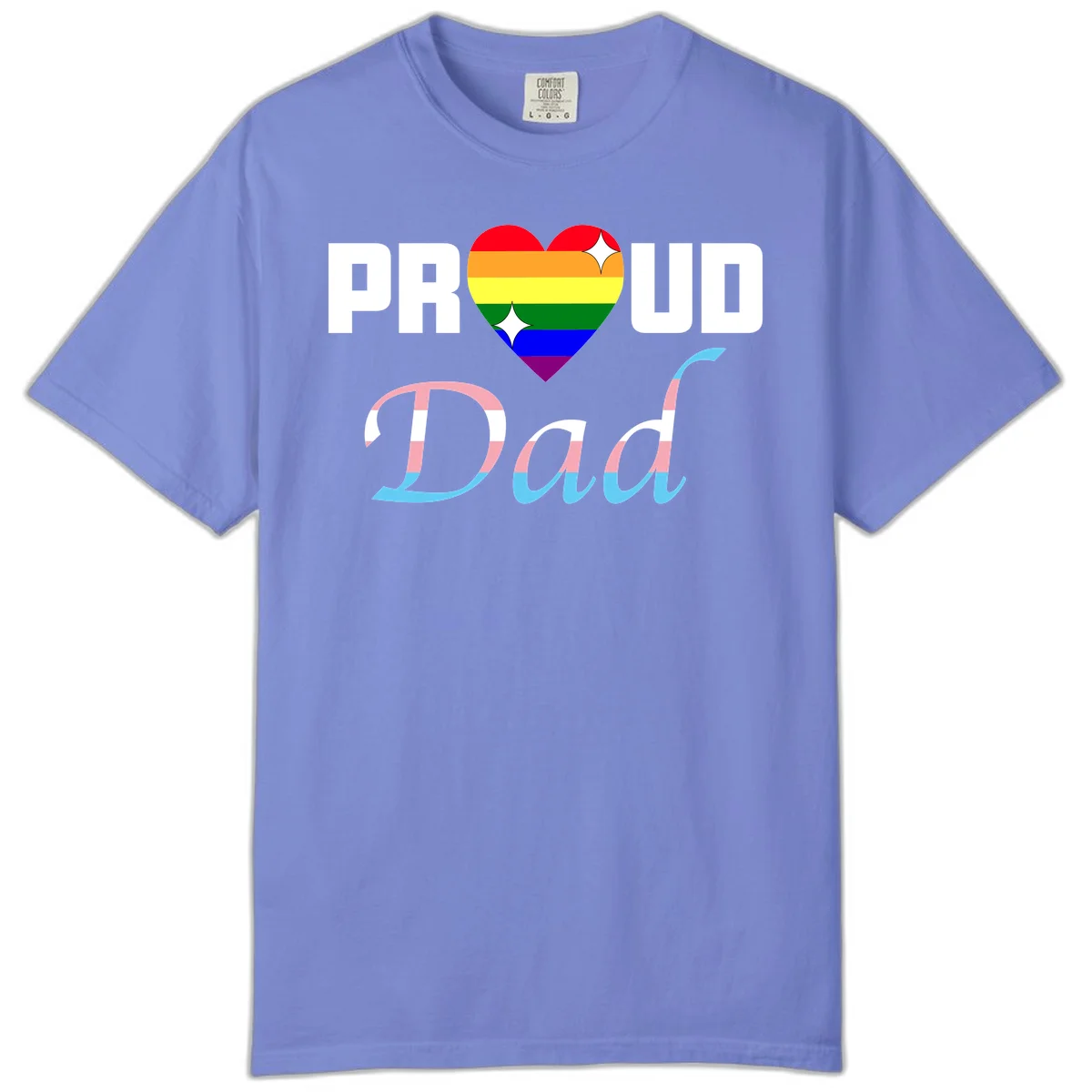 Proud Dad Pride design with rainbow heart and trans flag striped lettering on gray background in Flo Blue