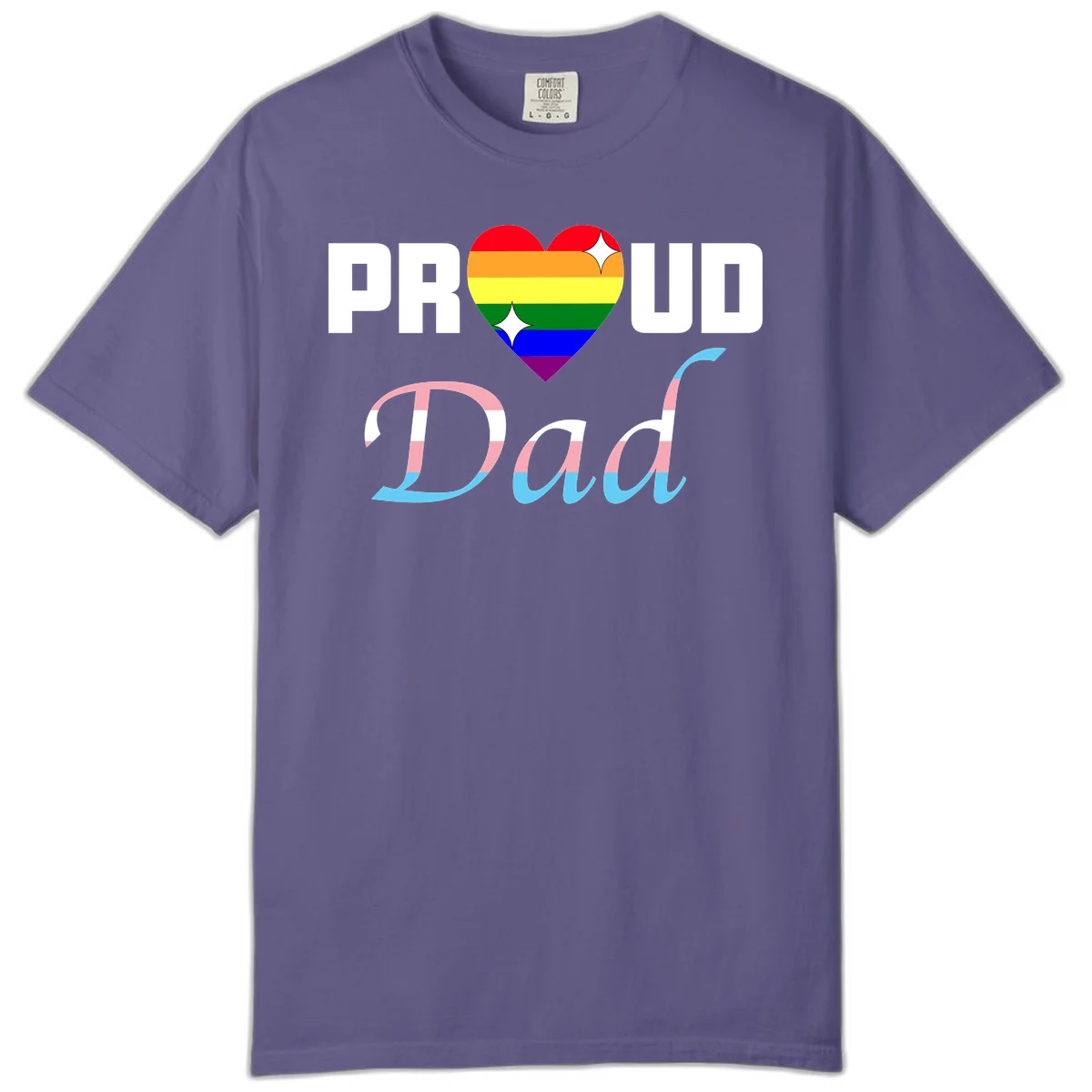 Proud Dad Pride design with rainbow heart and trans flag striped lettering on gray background in Grape