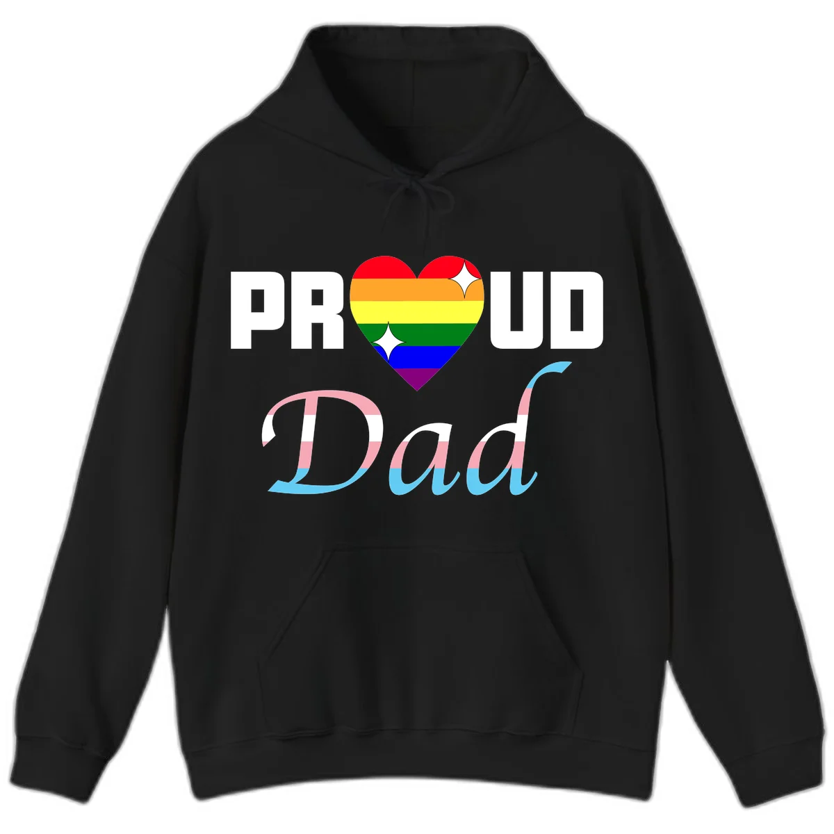 Proud Dad Pride design with rainbow heart and trans flag striped lettering on gray background in Black