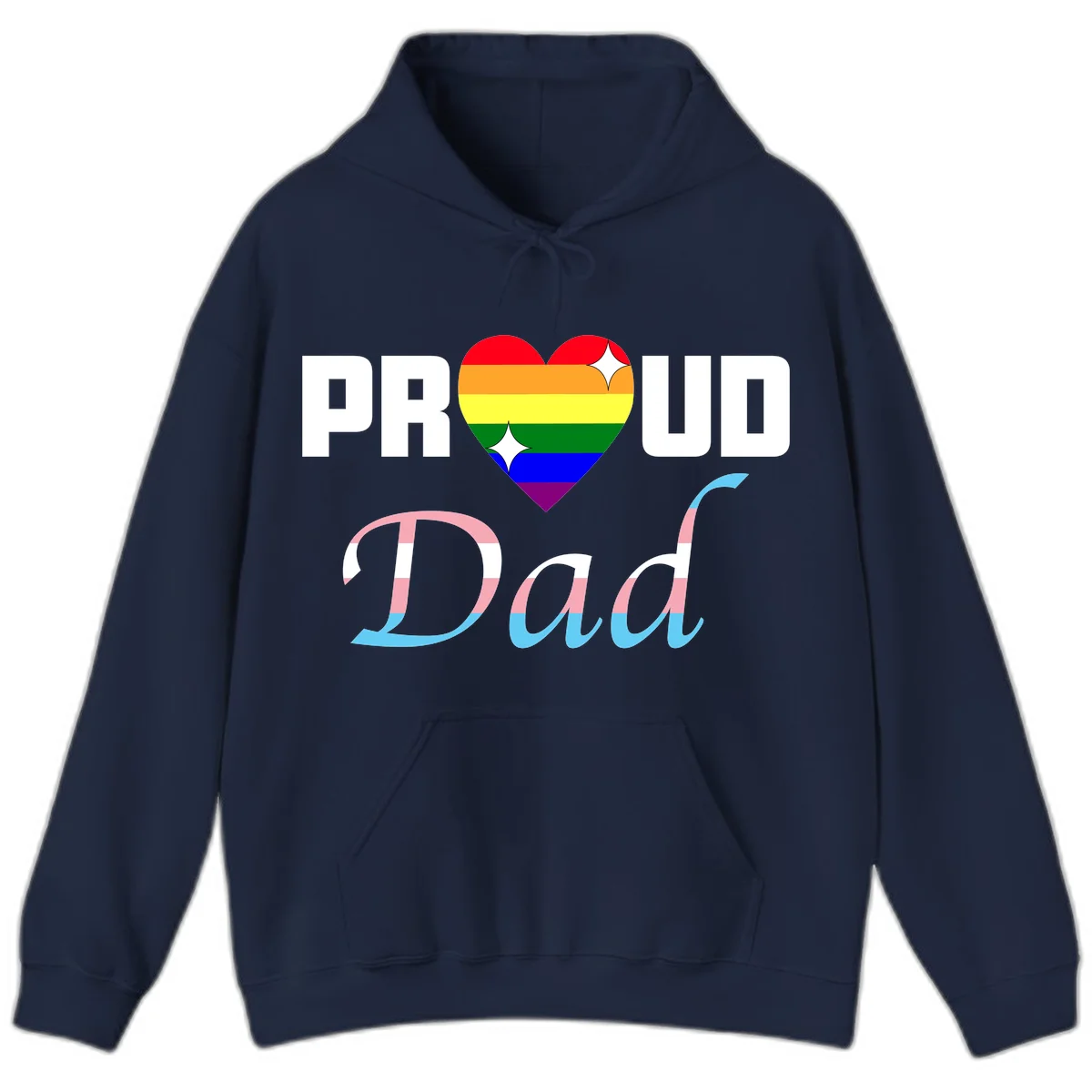 Proud Dad Pride design with rainbow heart and trans flag striped lettering on gray background in Navy