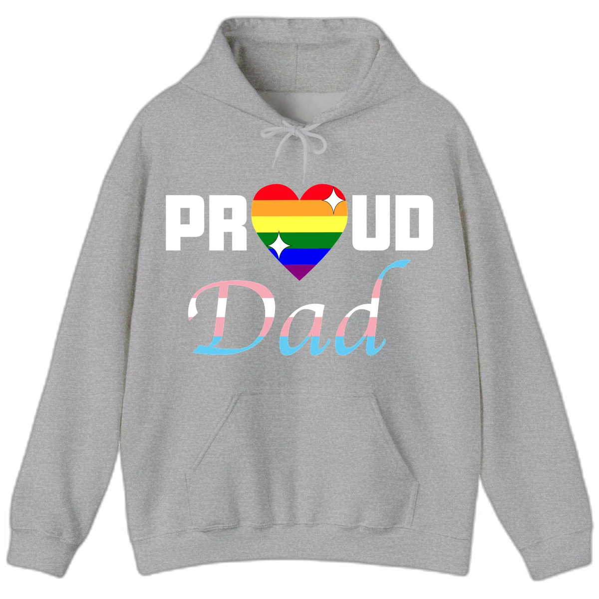 Proud Dad Pride design with rainbow heart and trans flag striped lettering on gray background in Sport Grey