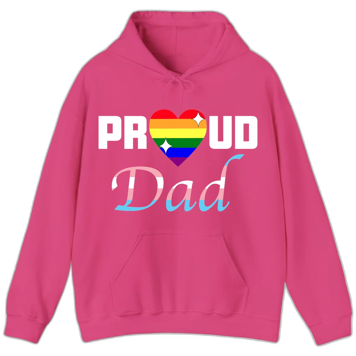 Proud Dad Pride design with rainbow heart and trans flag striped lettering on gray background in Heliconia